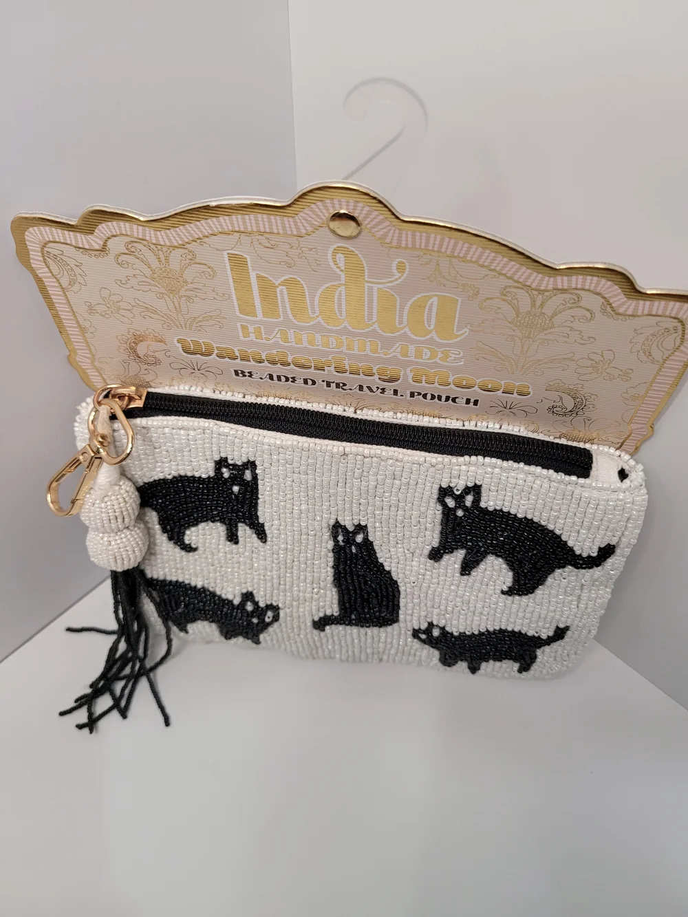 👉✨️ Made In India Handmade White Beaded Cat Wallet Pouch